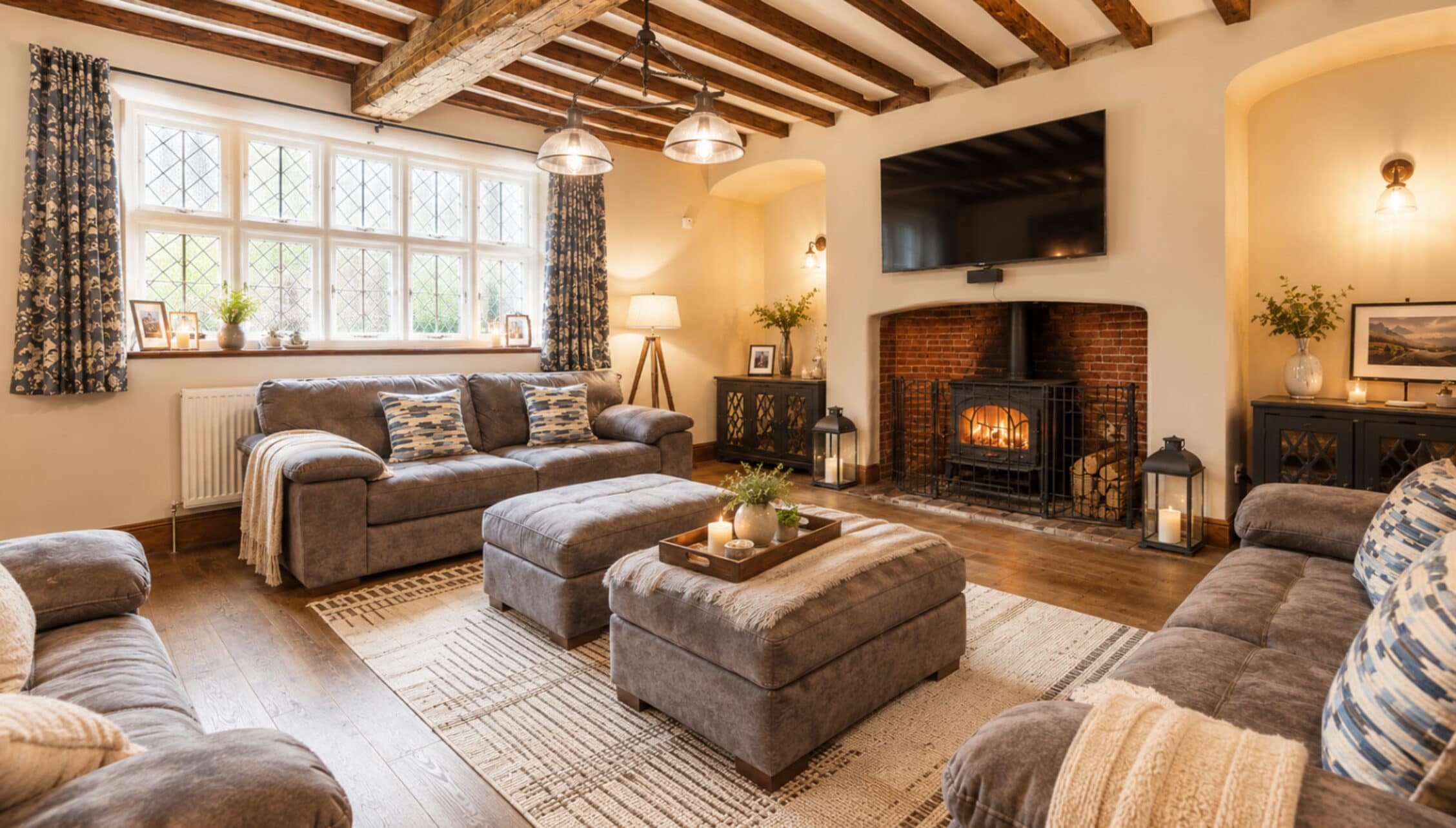 Catton Old Hall, Norfolk – Spacious living room with exposed wooden beams, brick fireplace with wood-burning stove, and leather sofas.
