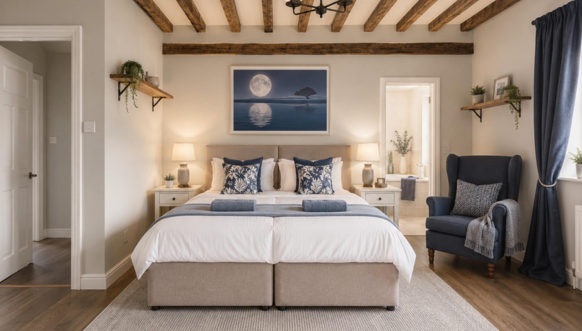 Catton Old Hall, Norfolk – Master bedroom with exposed wooden beams, upholstered bed, and moonlit artwork.