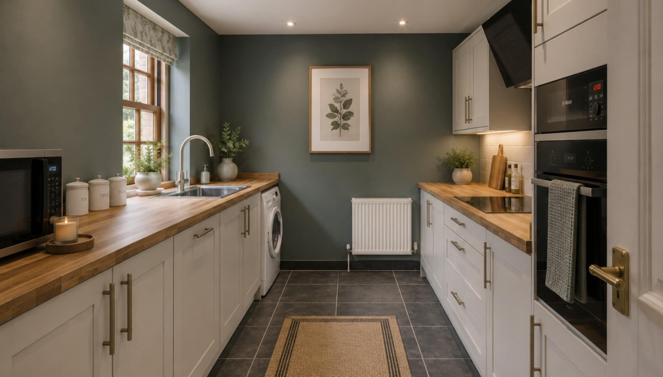 Catton Old Hall, Norfolk – Modern kitchen with cream cabinetry, wooden worktops, and integrated appliances.