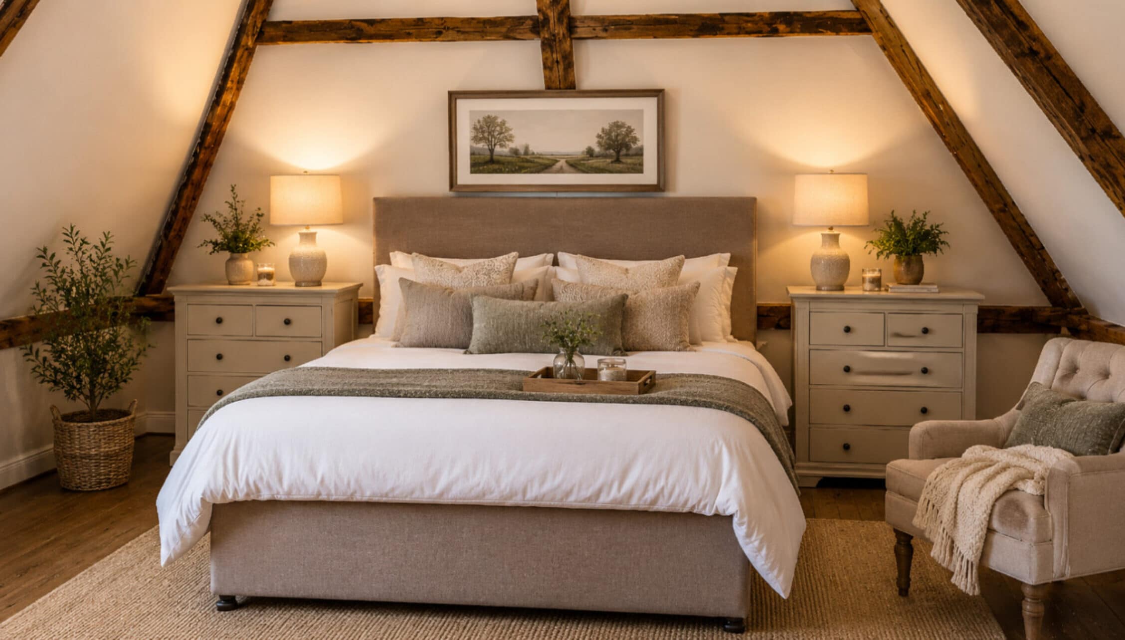 Catton Old Hall, Norfolk – Attic bedroom with exposed timber beams and neutral furnishings, dual bedside tables with ceramic lamps.