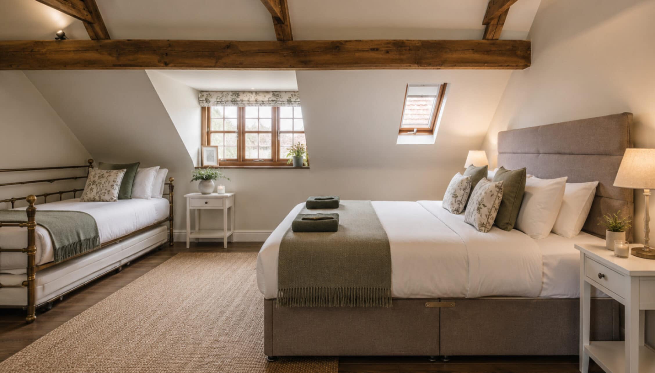 Catton Old Hall, Norfolk – Attic bedroom with exposed oak beams, twin and double beds, dormer windows.