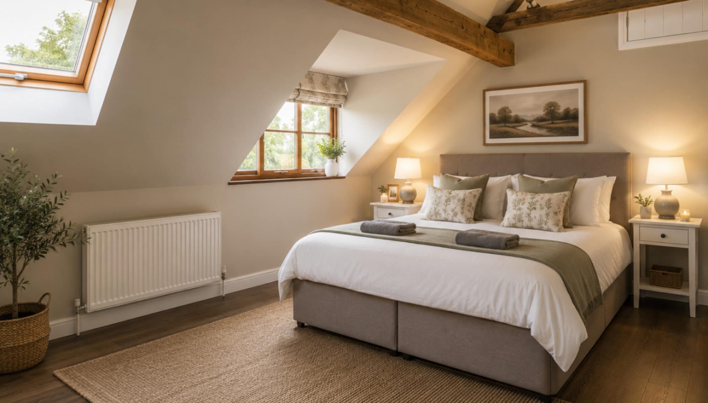 Catton Old Hall, Norfolk – Master bedroom with exposed wooden beams, skylight window and grey upholstered bed.