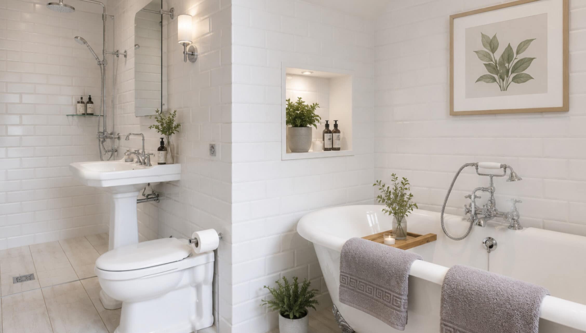 Catton Old Hall, Norfolk – Modern bathroom with white subway tiles, freestanding bath and walk-in shower.