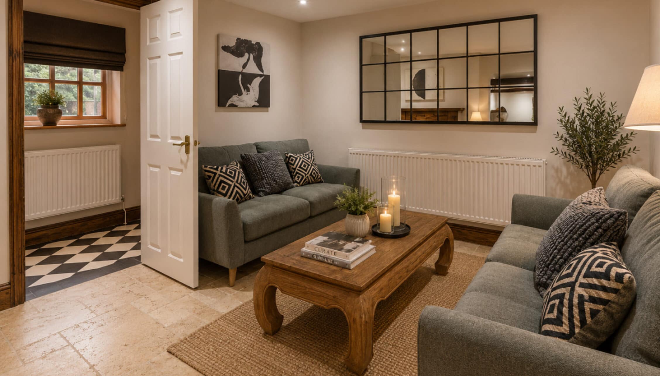 Catton Old Hall, Norfolk – Sitting room with grey upholstered sofas, wooden coffee table, and gridded mirror.