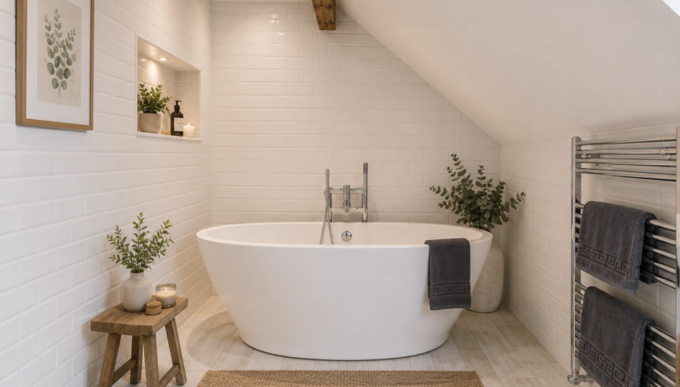 Catton Old Hall, Norfolk – Modern freestanding bath with white subway-tiled walls and heated towel rail.