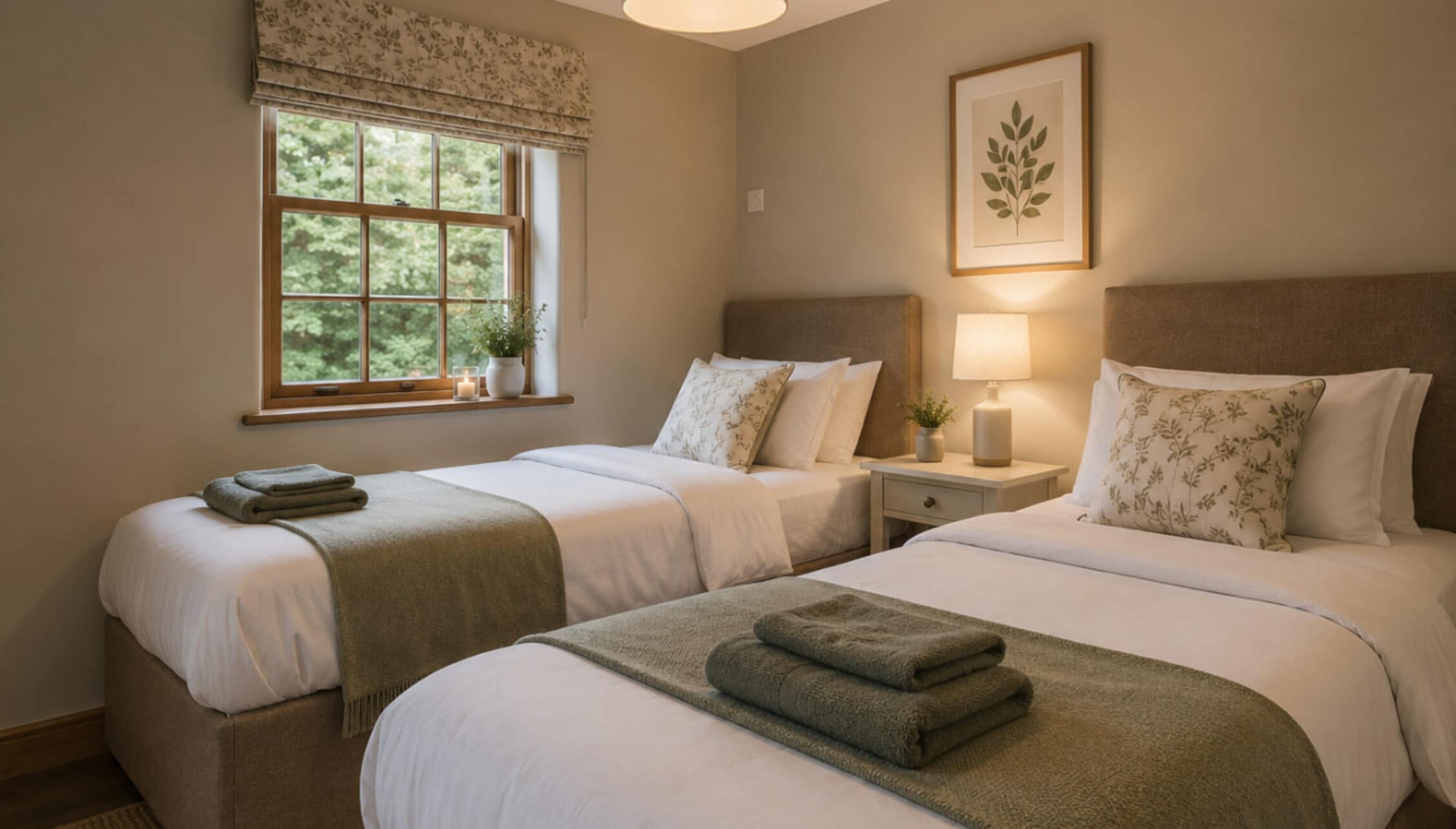 Catton Old Hall, Norfolk – Twin bedroom with neutral décor, lattice windows and bedside lamps.