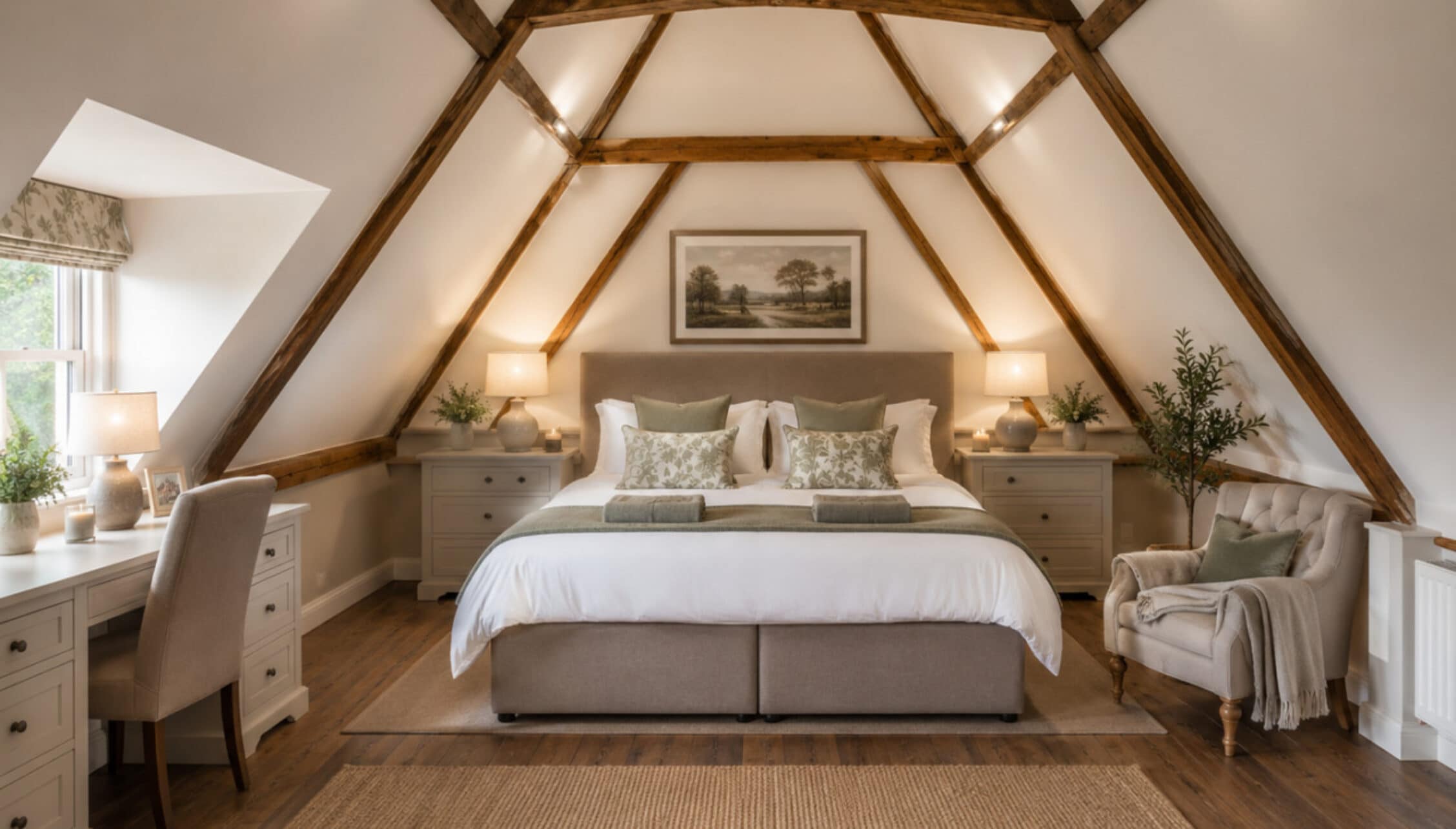 Catton Old Hall, Norfolk – Attic bedroom with exposed timber beams and dormer windows.