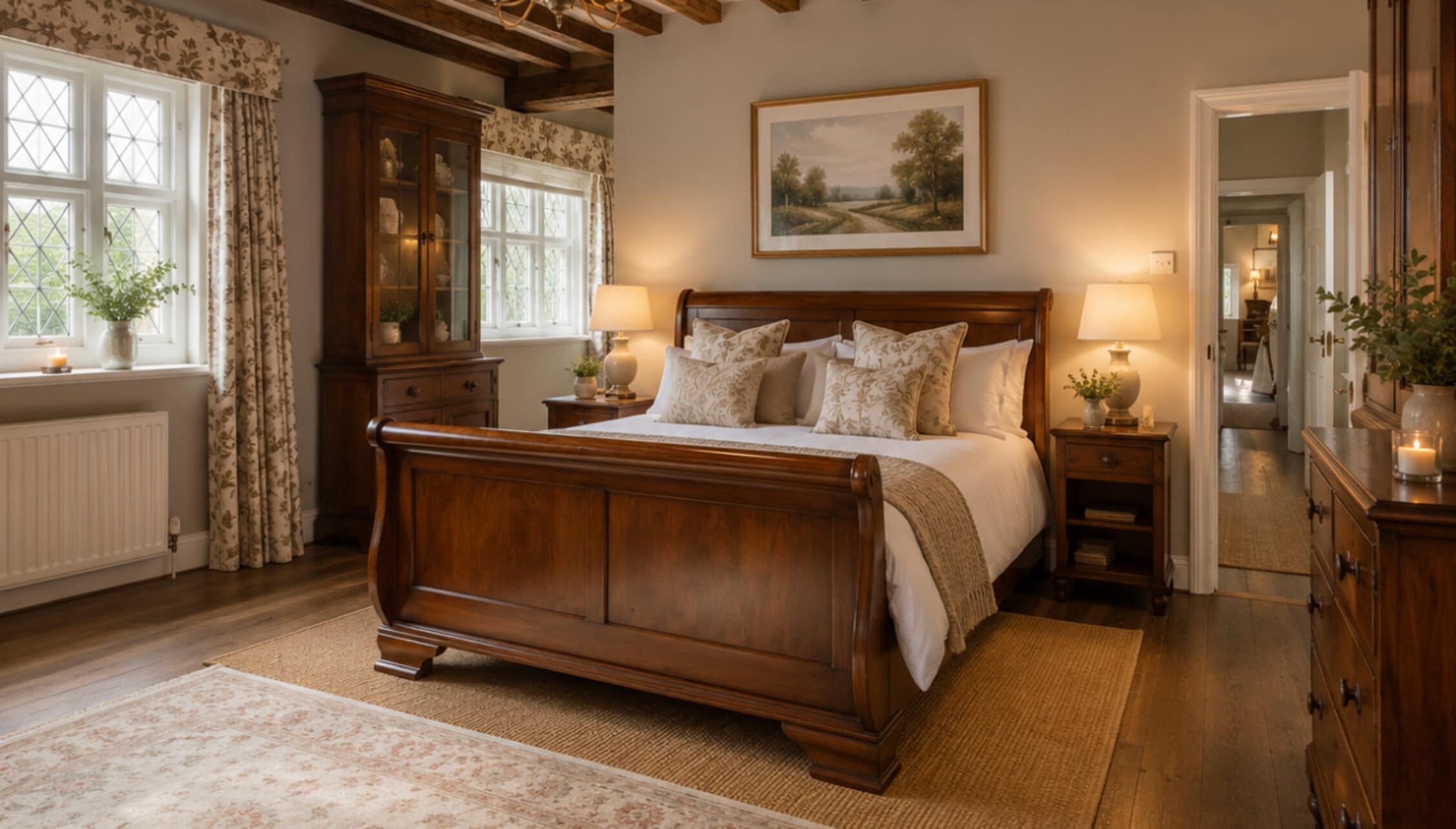 Catton Old Hall, Norfolk – Bedroom with wooden sleigh bed, exposed beams, and leaded-glass windows.