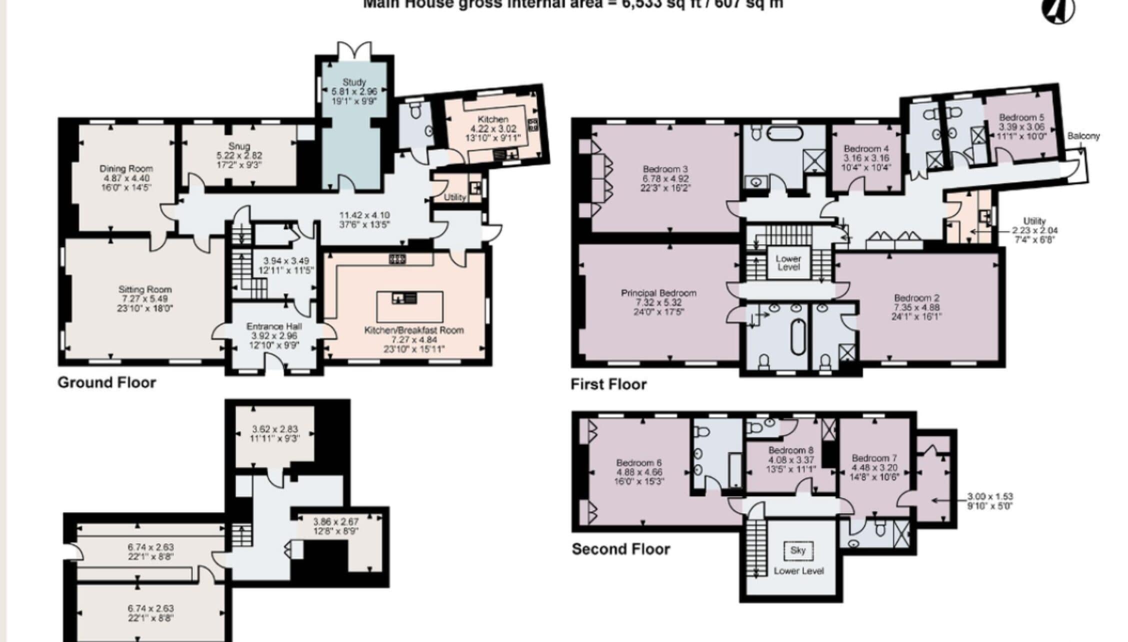 Breedon Hall, Leicestershire – Architectural floor plans showing ground, first and second floor layouts with bedroom and reception room dimensions.