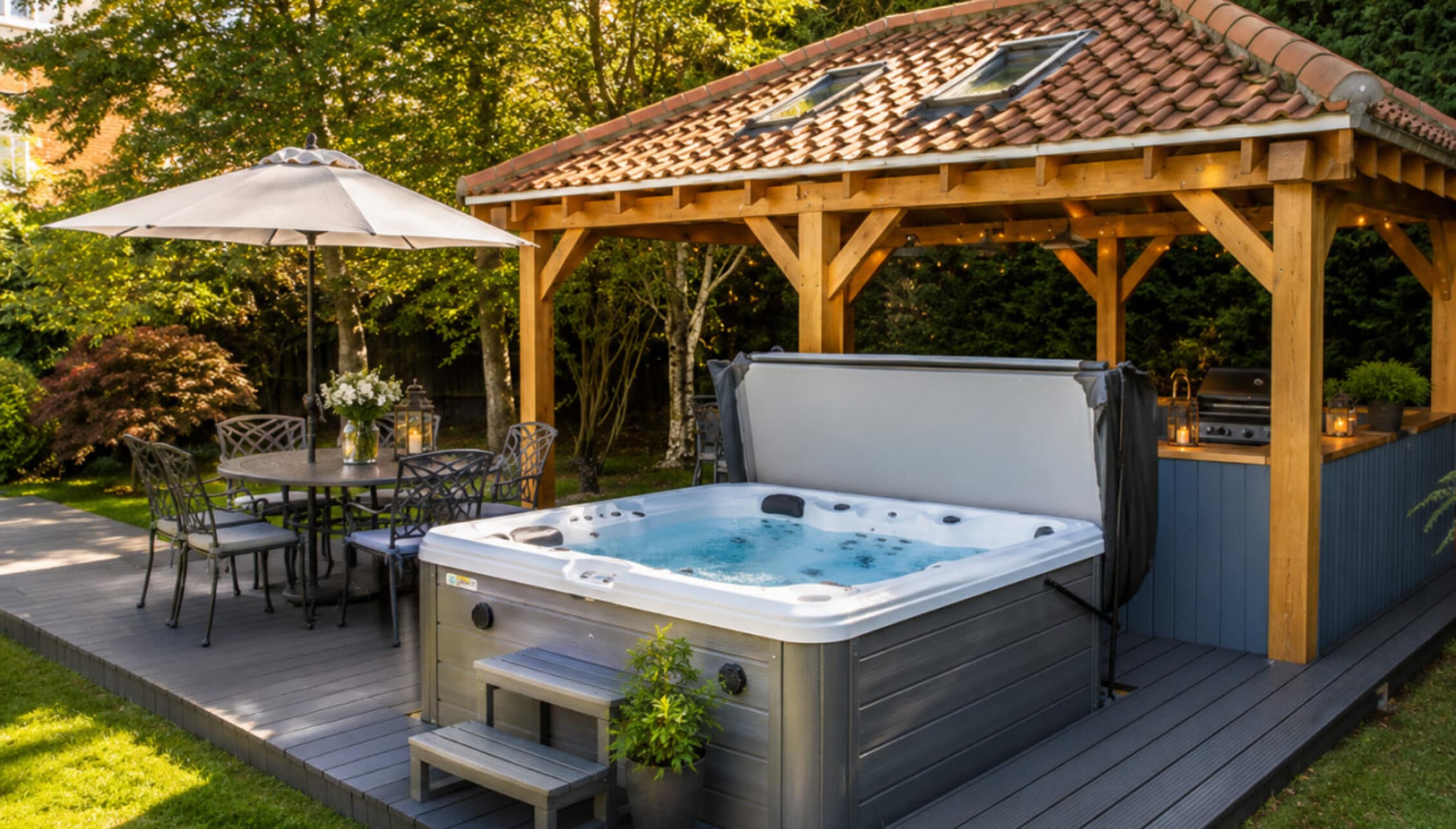 Catton Old Hall, Norfolk – Hot tub on deck with wooden pergola, outdoor kitchen and dining area.
