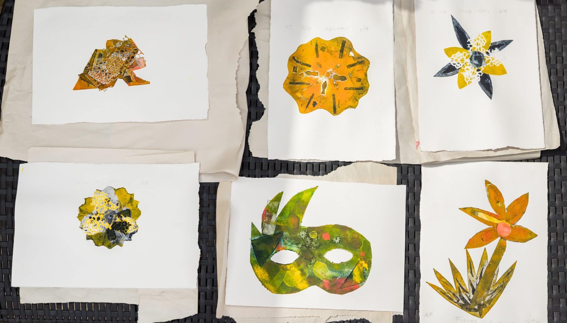 Courtyard Cottages, Gloucestershire – Collection of handmade paper artworks featuring pressed flowers and botanical illustrations.