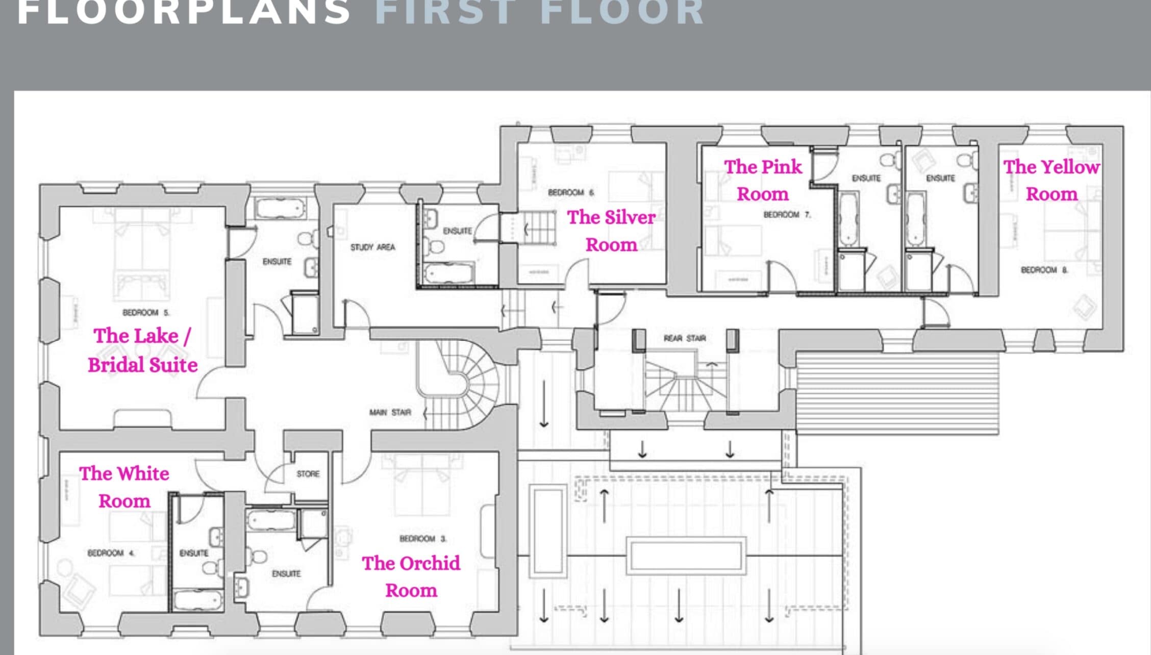 Silverholme Manor, Cumbria – First floor floorplan showing bedroom layout and room names including The Lake Bridal Suite.