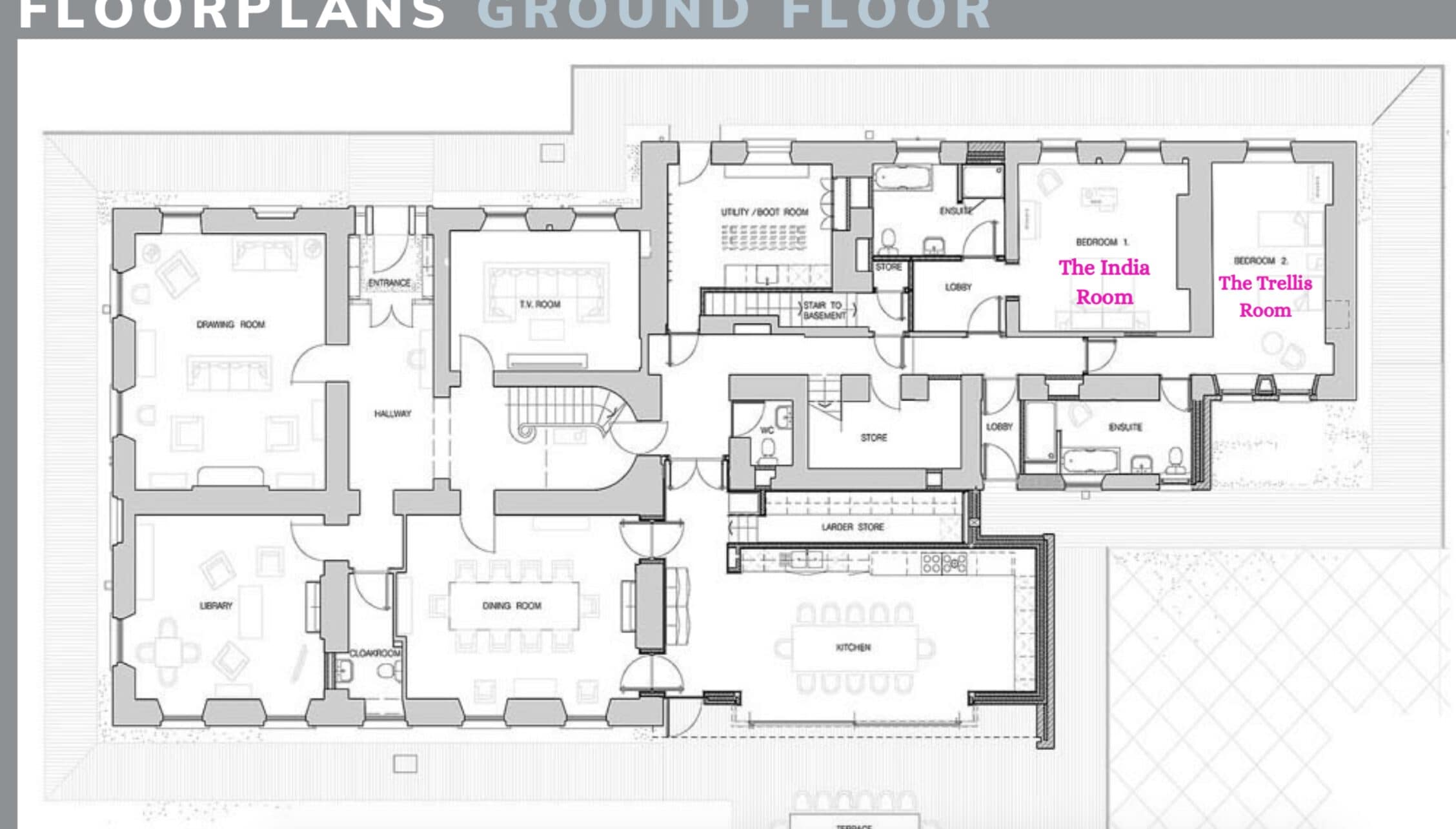 Silverholme Manor, Cumbria – Ground floor floorplan showing drawing room, dining room, kitchen and multiple bedrooms.