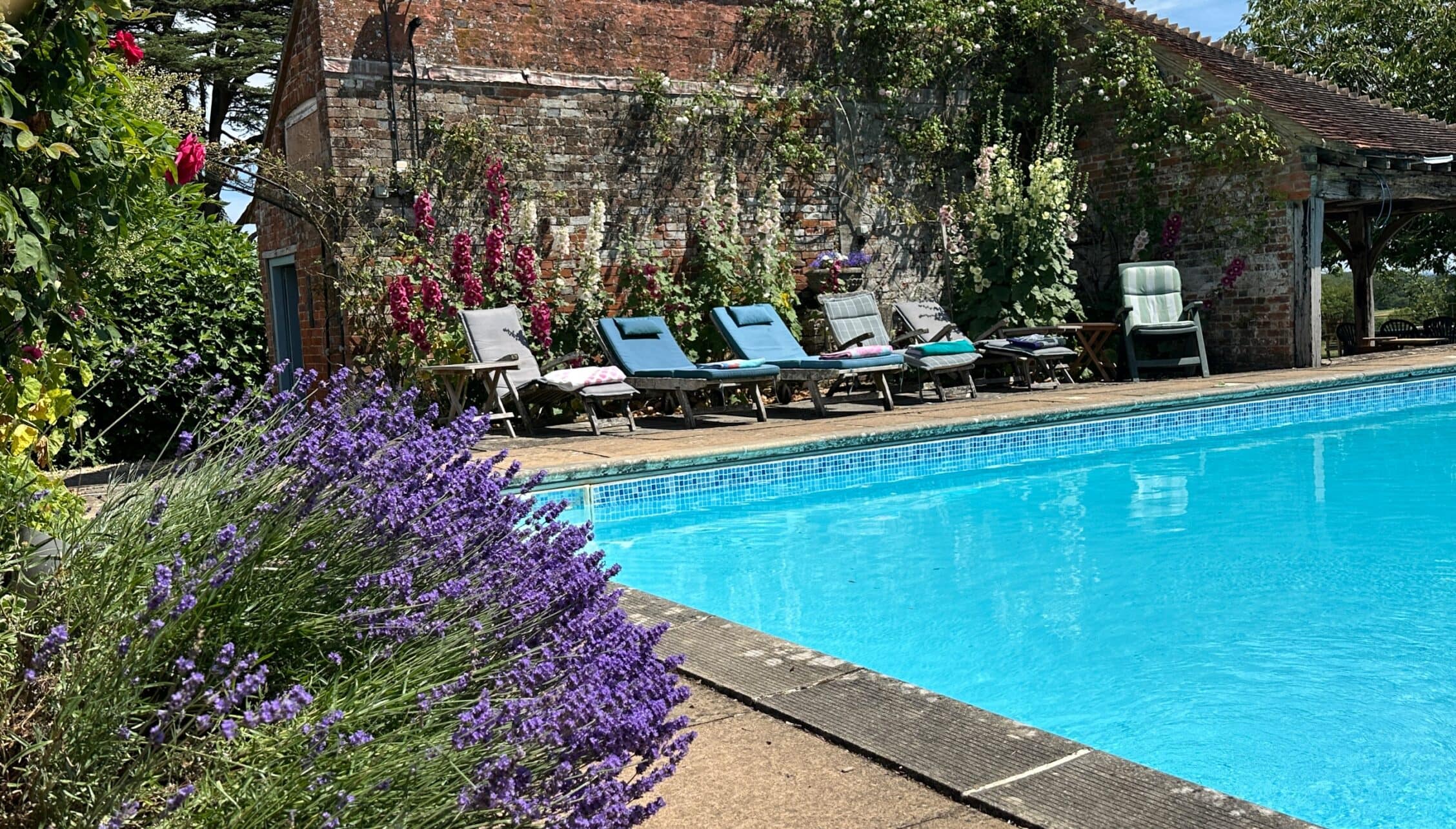 The Old House, Hampshire – Swimming pool with lavender borders and ivy-clad brick outbuildings beyond.
